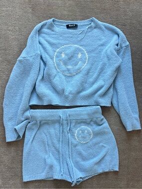 Women’s Blue B Collection fuzzy smilie face blue pj set